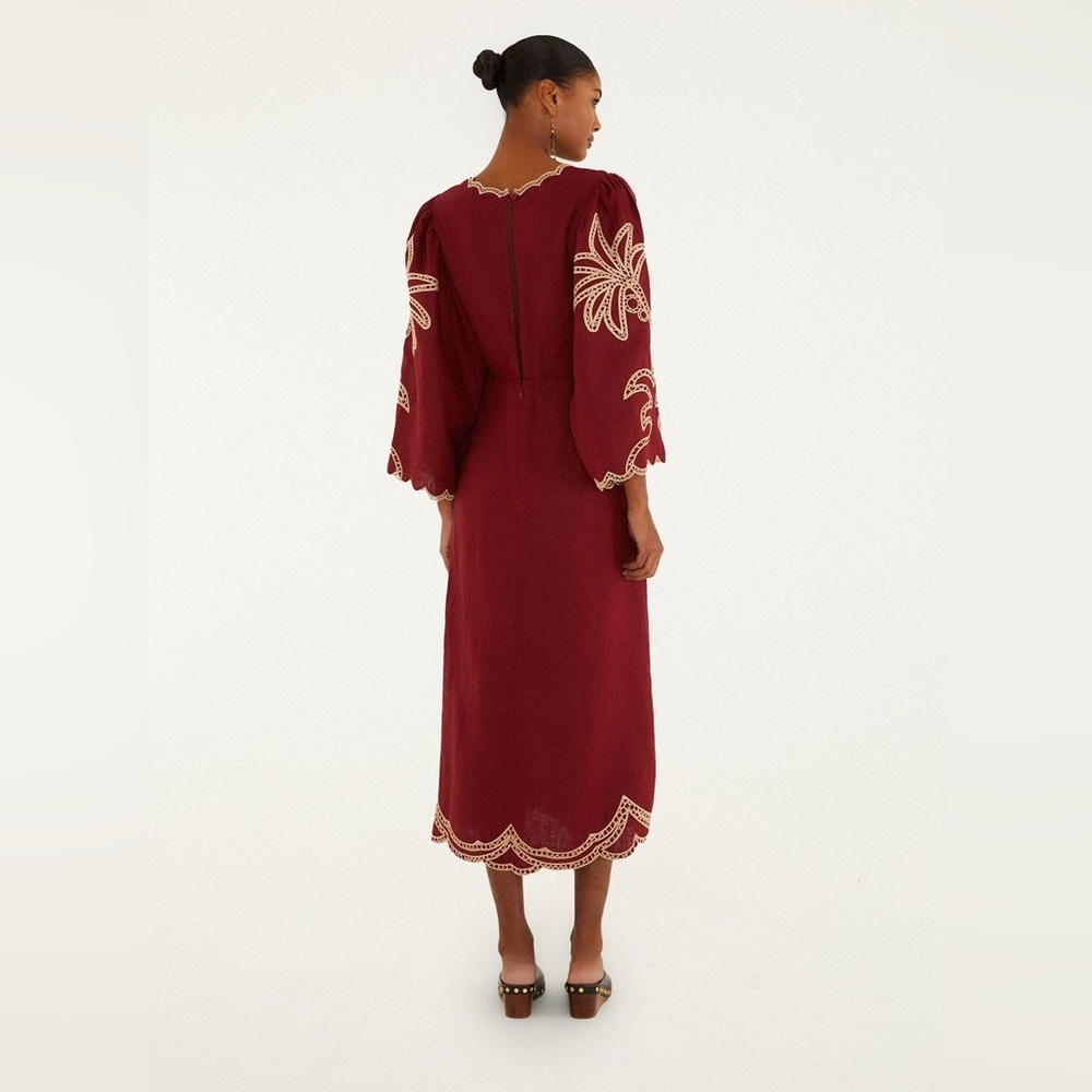 Farm Rio: Red Artisanal Cut-Out Embroidered Euroflax™ Premium Linen Maxi Dress - Picture 2 of 11
